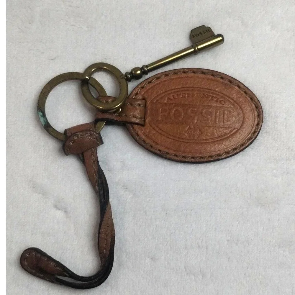 Fossil Brown Leather Oval Logo Fob Brass Skeleton Key Bag Charm Keychain